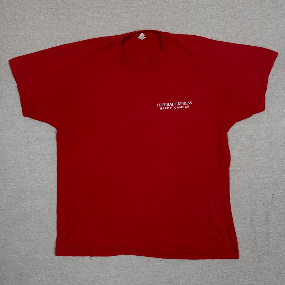 Vintage 1986 Federal Express Happy Camper Logan Utah T-Shirt L Screen Stars USA